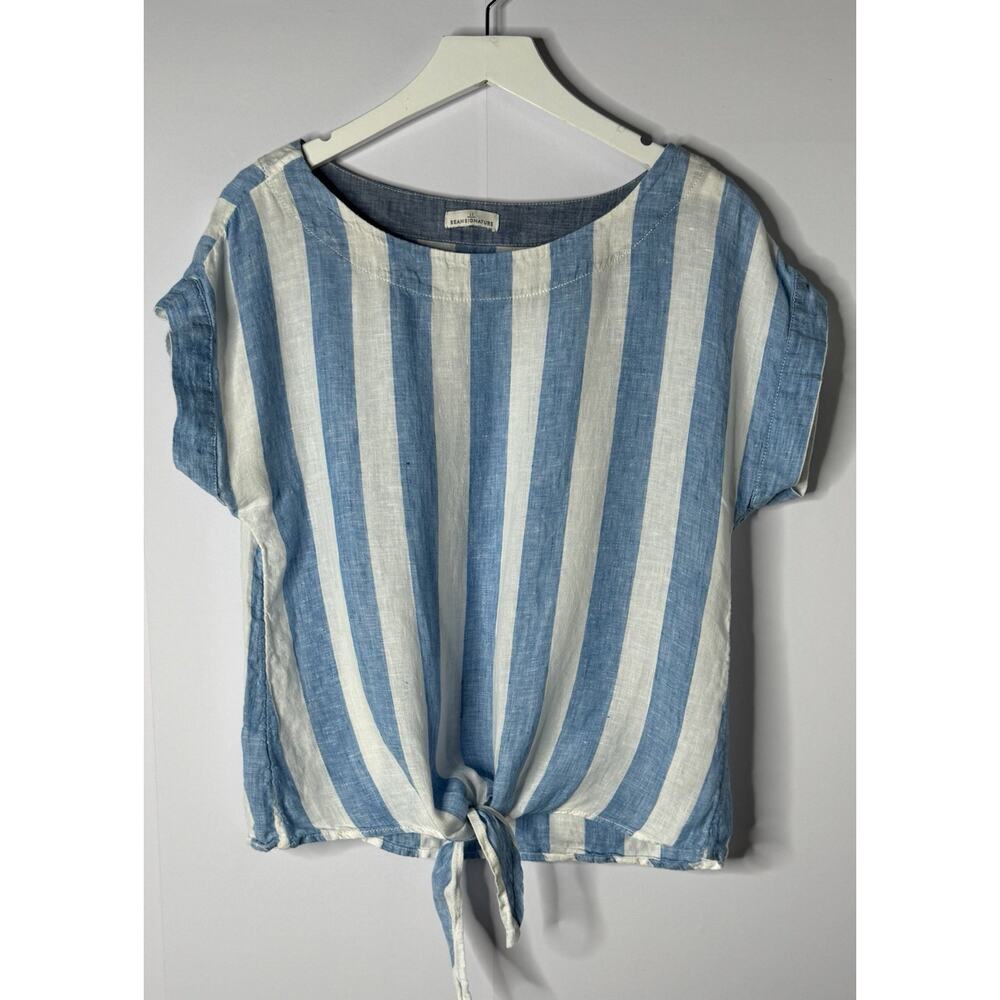 L.L. Bean Blue and White Striped Tie-Front Linen Blend Top